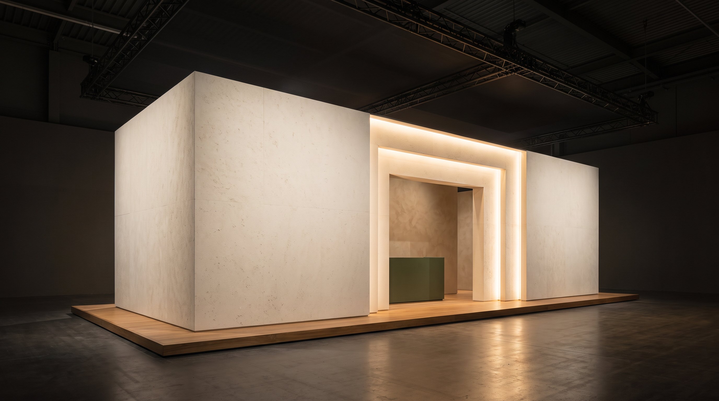 Monolithic ivory exhibition pavilion with a glowing portal in a dark hall