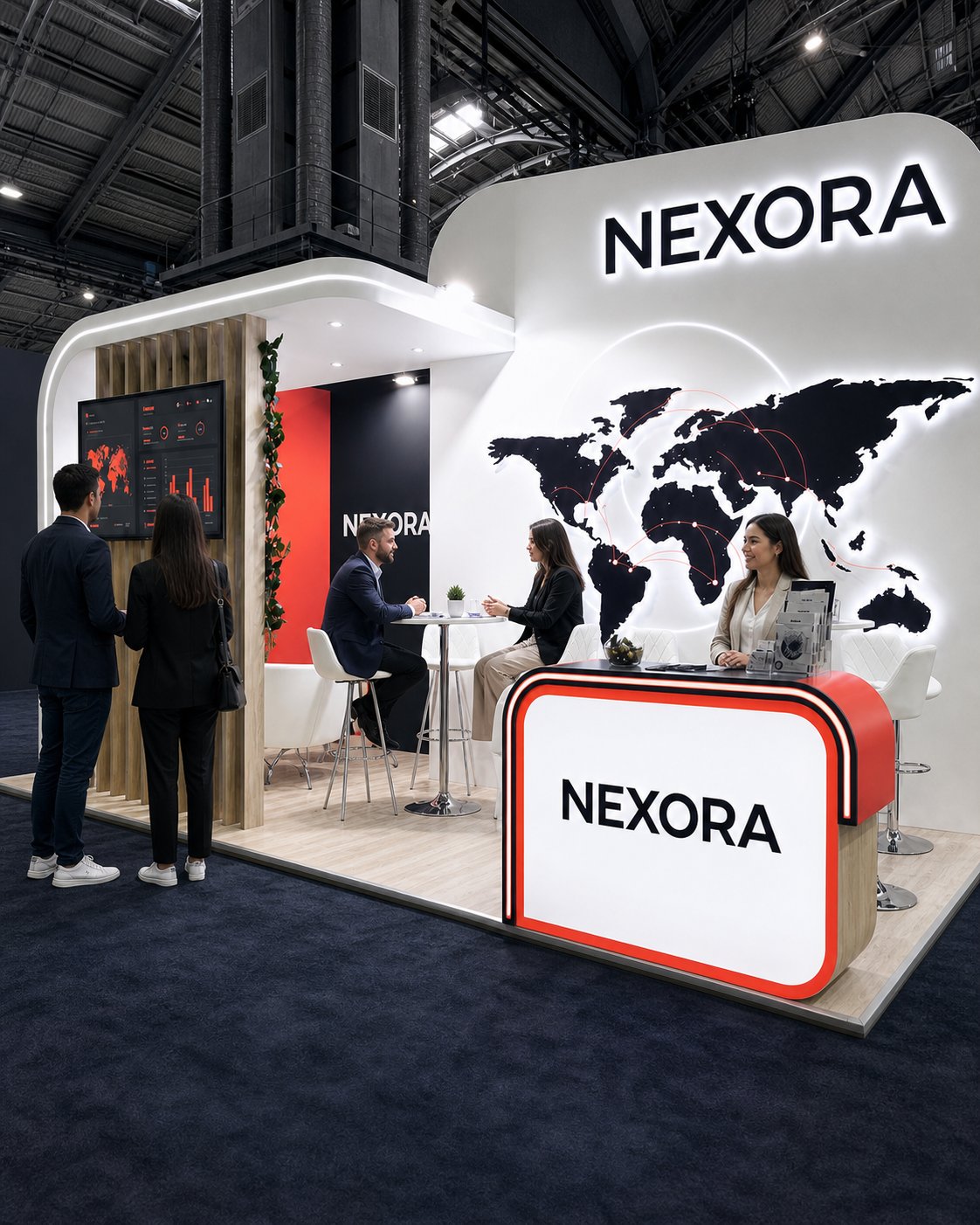 NEXORA exhibition stand during show day with illuminated world map, reception counter and meeting seating