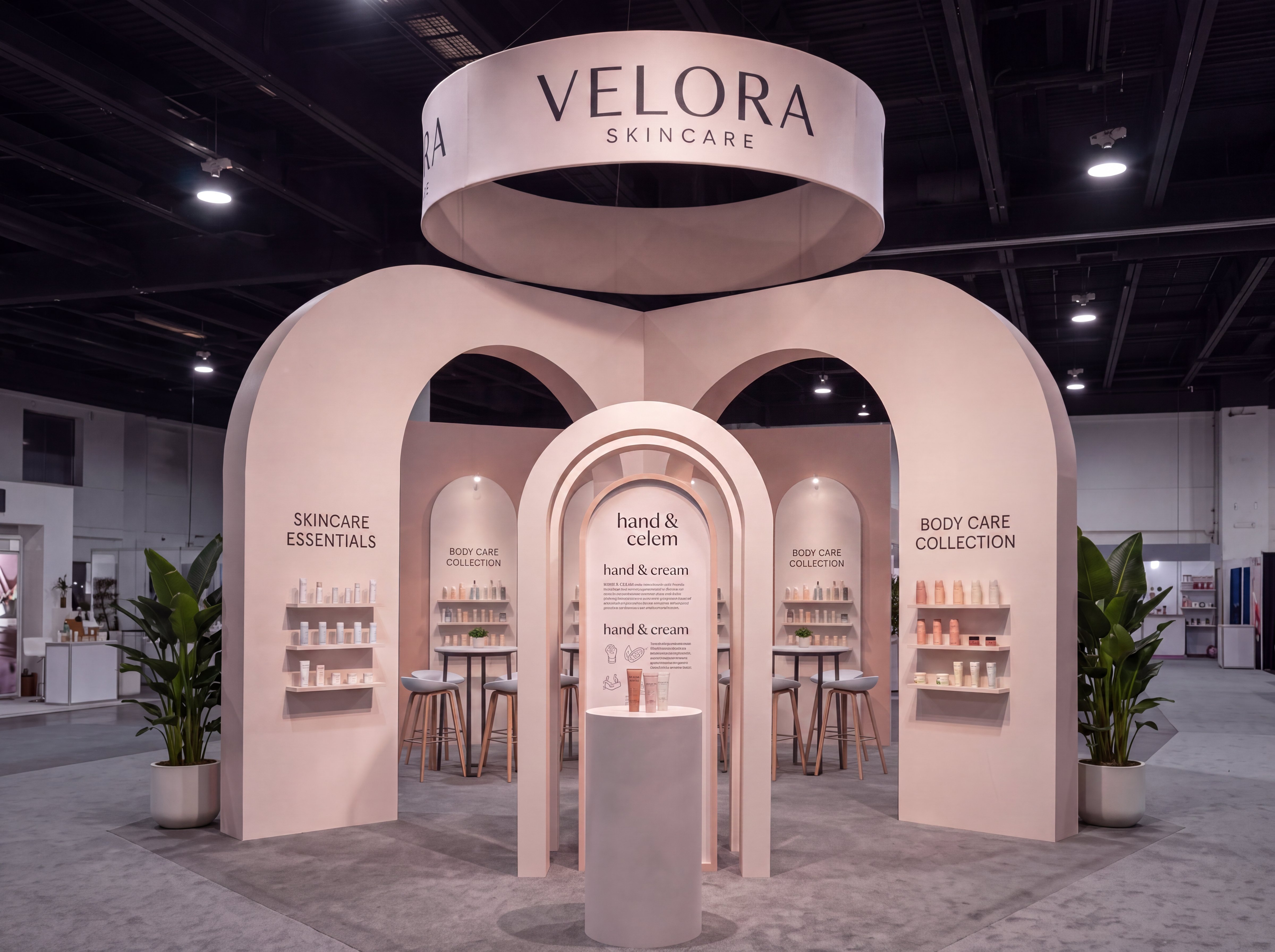 VELORA skincare pavilion with blush arches, circular hanging signage and product displays