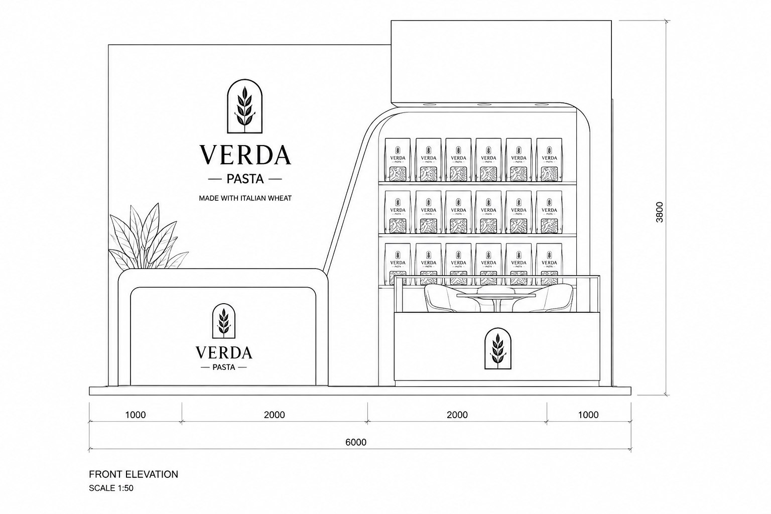 Front elevation drawing for the 6 m VERDA pasta stand with product shelving and reception counter