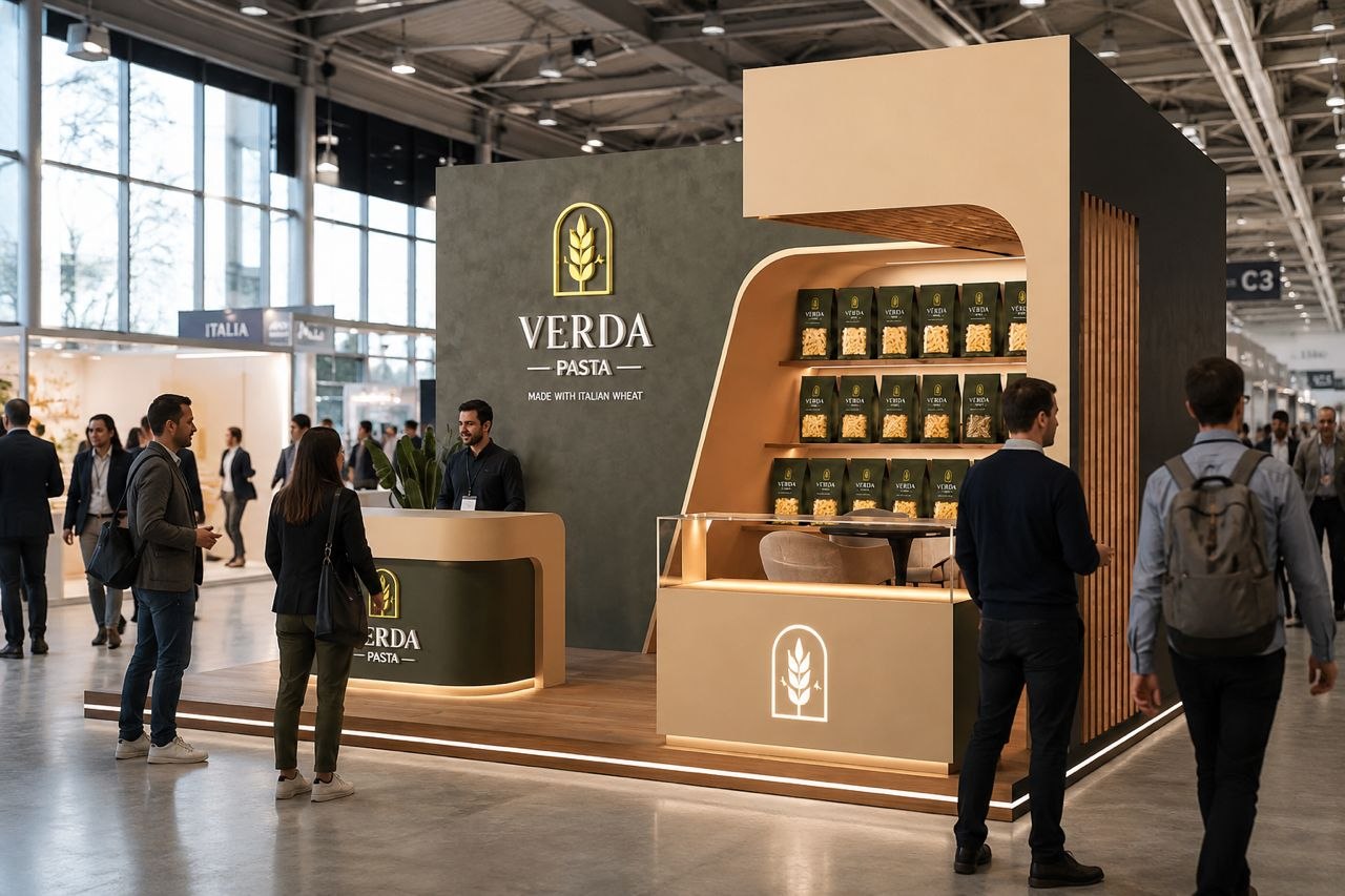 Show-day render of the VERDA reception counter, product wall and tasting area
