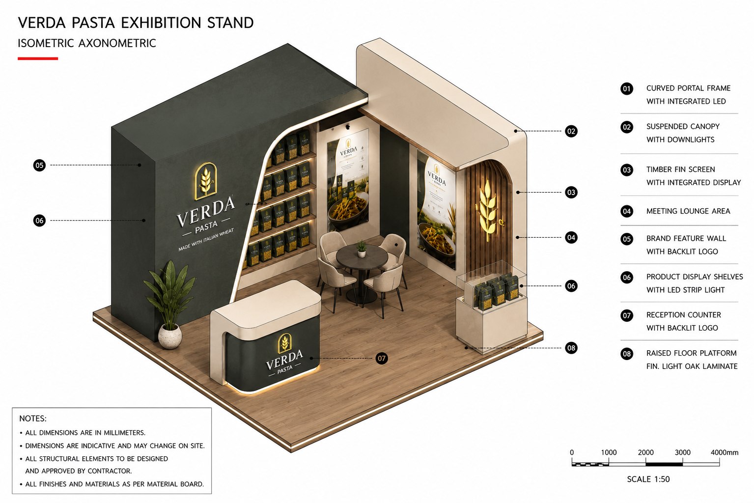 Isometric technical sheet showing the display shelves, meeting area and raised platform